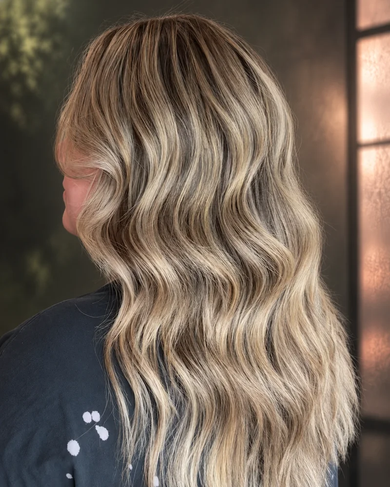 Sandy blonde waves with darker roots