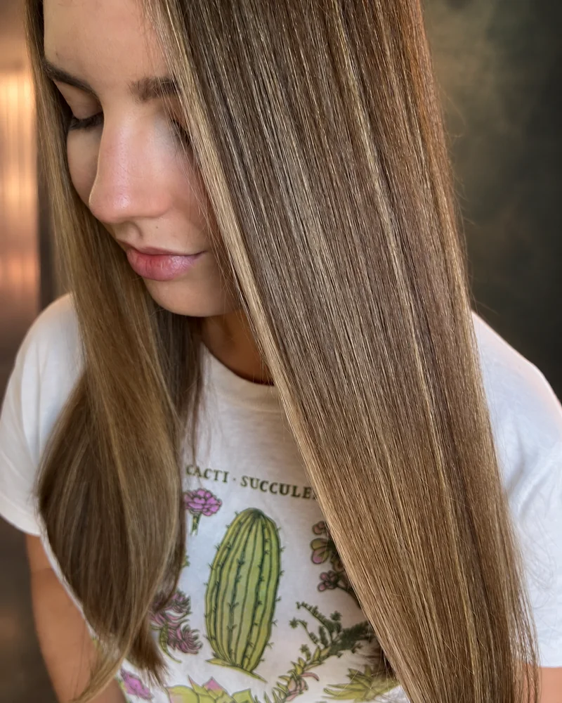Long straight hair with fine golden highlights